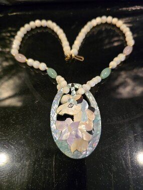 Unicorn Mother-of-Pearl Pendant Green Pink White Quartz Necklace 11" Vintage